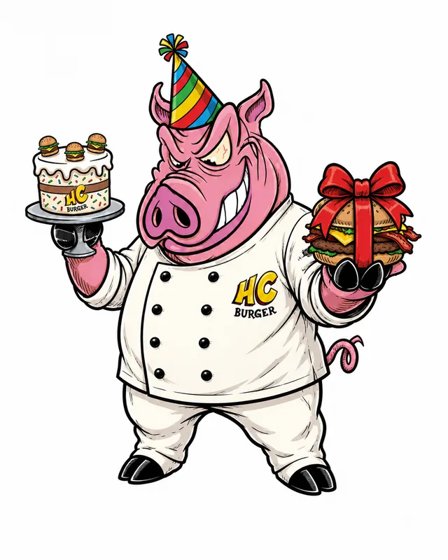 Porco chef do HC com chapéu de festa, bolo e hambúrguer de presente