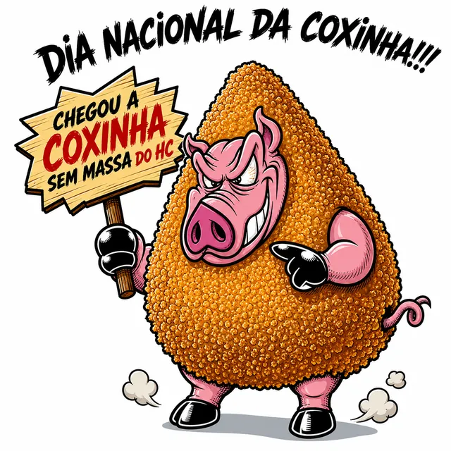 Porco do HC fantasiado de coxinha segurando uma placa