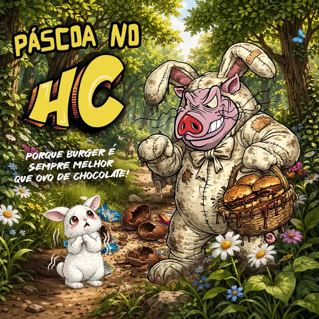 Porco do HC fantasiado de coelho com uma cesta de hambúrgueres