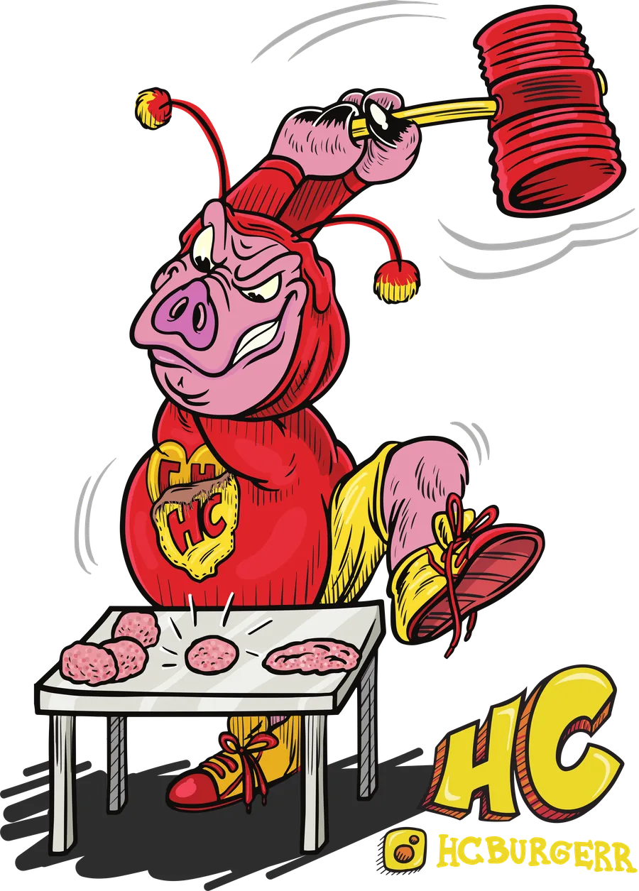 Porco do HC com a roupa do Chapolin, levantando a marreta para amassar as carnes